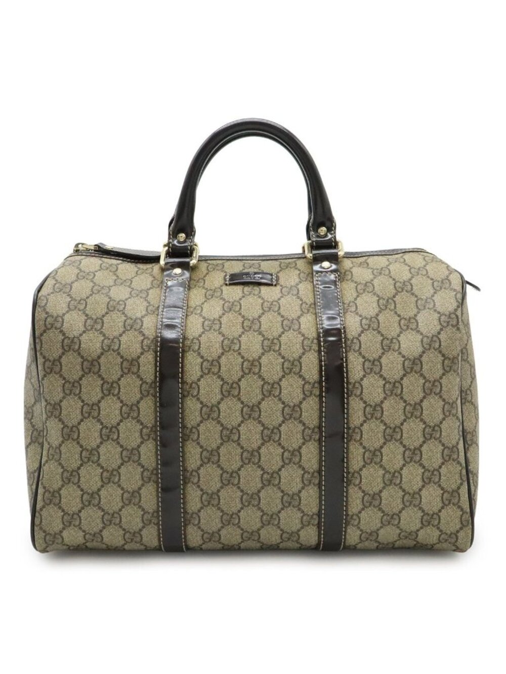 Gucci GG Supreme Mini Boston Bag Leather Khaki Beige Dark Brown Gold